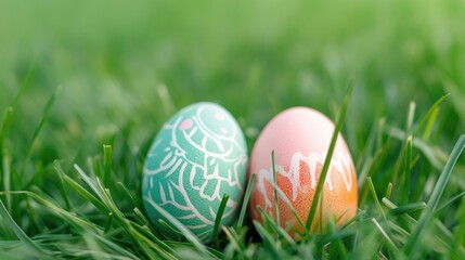 close-up of pair of colorful easter eggs with intricate designs nestled in green grass