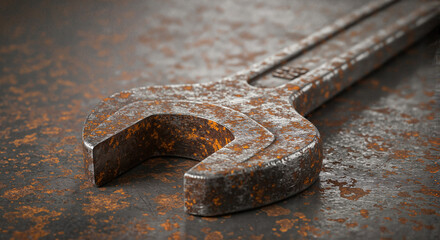 Rusty adjustable wrench on weathered metal surface