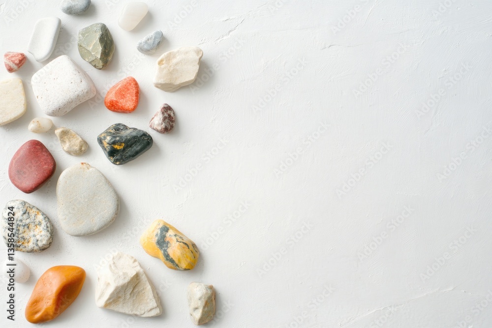 Poster collection of colorful decorative stones scattered across smooth white surface creating abstract des
