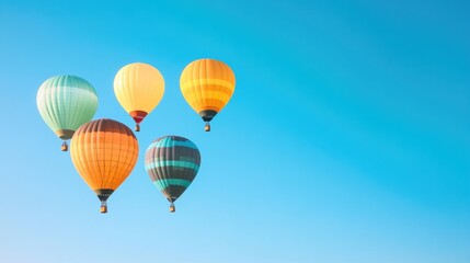 Naklejka premium cluster of vibrant hot air balloons ascending into clear sky leaving ample space for text on right