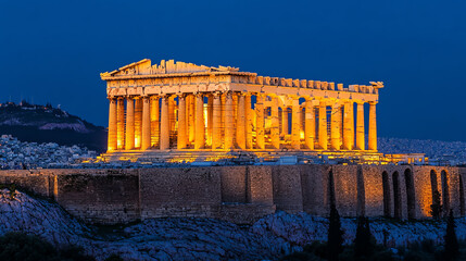 Naklejka premium Illuminated Parthenon at night, Greece, showcasing ancient architecture.