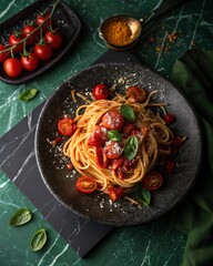 Delicious spaghetti with cherry tomatoes, basil, and parmesan cheese.