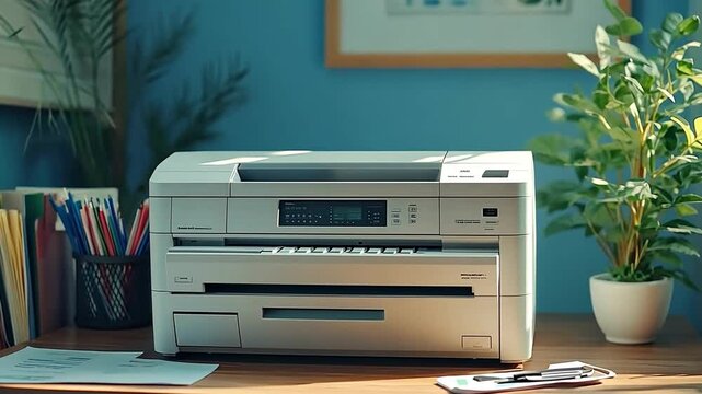 Modern printer on wooden desk with colorful stationery and potted plant enhances office workspace technology.