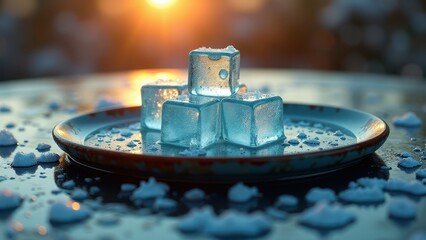 Melting ice cubes in decorative patterned bowls on wet surface with soft focus background	