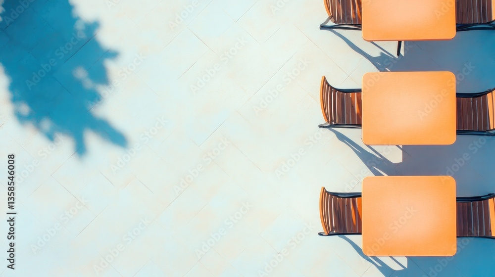 Poster drone shot of chess tournament setup in outdoor park with multiple tables arranged in symmetrical ro