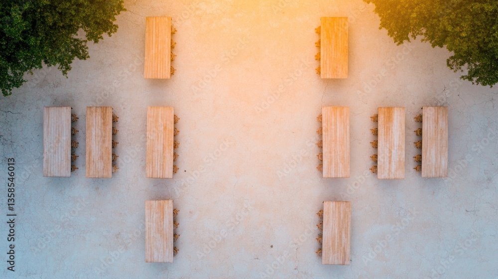 Poster drone shot of chess tournament setup in outdoor park with multiple tables arranged in symmetrical ro