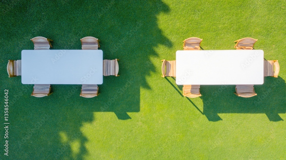 Poster drone shot of chess tournament setup in outdoor park with multiple tables arranged in symmetrical ro