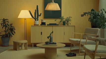 Modern living room decor cozy home interior design bright yellow walls relaxing environment aesthetic viewpoint