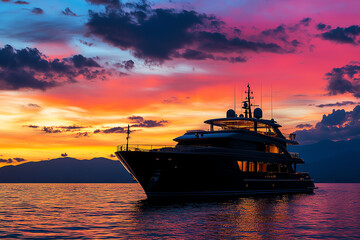 Fototapeta premium Luxury yacht silhouetted against a vibrant sunset over calm waters.