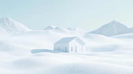 Minimalist snowy landscape with a solitary white house.
