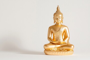 golden buddha statue in serene meditation pose is set on white background providing copy space above for text or design