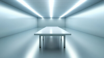 Minimalist room with long table and bright lighting