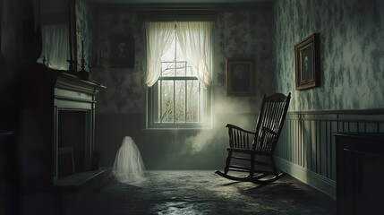 Haunted house interior, ghost figure materializing near an old rocking chair, dim light casting eerie shadows, unsettling and mysterious ambiance. 