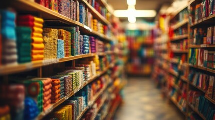Colorful Fabric Rolls in a Craft Store Aisle with Blurred Background