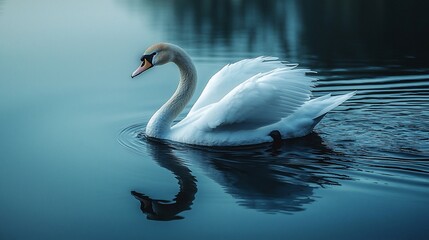 Fototapeta premium Graceful swan glides across tranquil water. A serene and elegant scene of a swan, mirrored perfectly in the water's surface