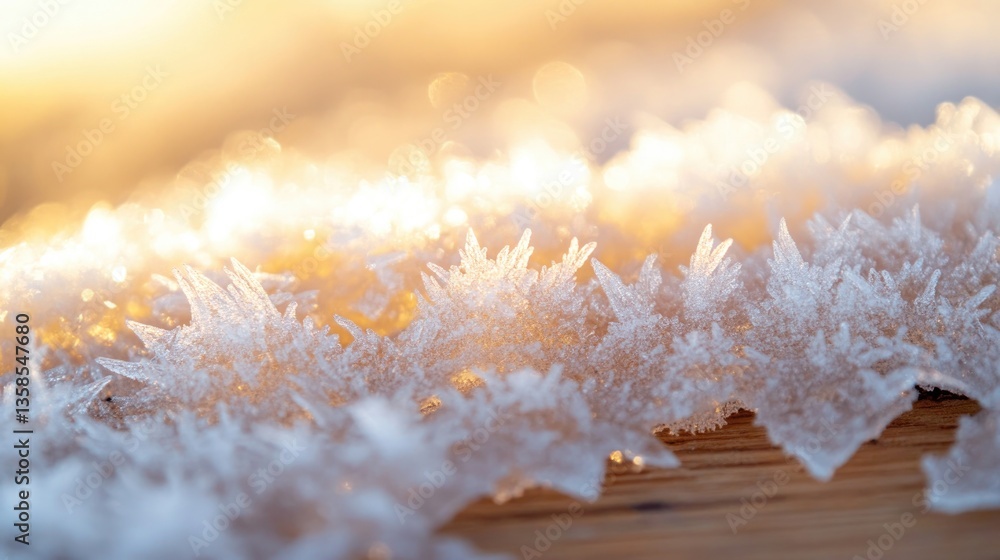 Poster macro shot of frost crystals on wooden surface intricate details catching light and creating texture