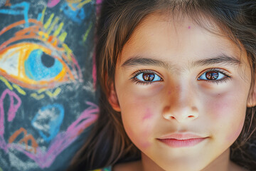 Young girl with creative chalk art background and bright eyes.