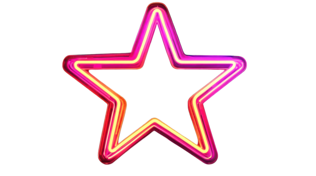 A glowing neon sign in the shape of a star on a transparent background