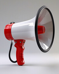 Futuristic 3D classic Red and White Megaphone  Communication and Public Announcement Device, The realistic details and futuristic design make it perfect for promotional graphics, announcements.