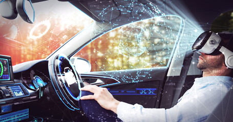 Image of network of connections over businessman wearing vr headset in self driving car