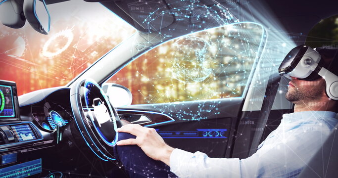 Image of network of connections over businessman wearing vr headset in self driving car