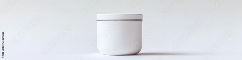 Poster minimalistic mockup of white round tin with removable lid positioned upright on pristine white backg