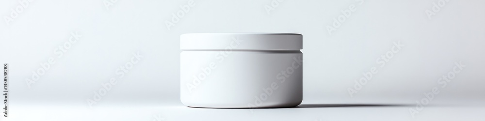 Poster minimalistic mockup of white round tin with removable lid positioned upright on pristine white backg