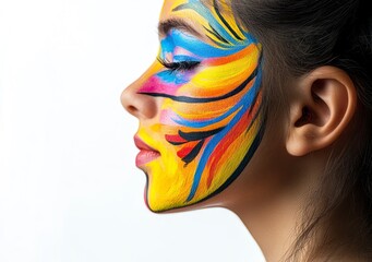 Woman with Artistic Face Paint in Profile with Colorful Design