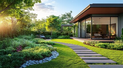 Fototapeta premium Lush backyard garden with manicured grass, a small stone pathway leading to a modern house, sunny skies, slight wide-angle view, natural lighting 