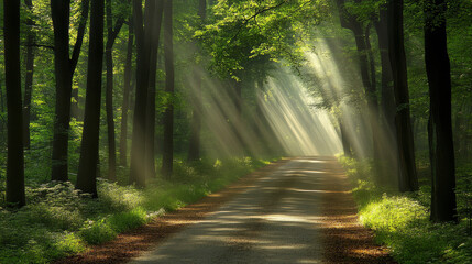 Fototapeta premium Sunlight filters through serene forest path