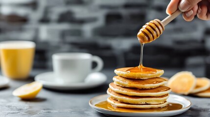 Pouring honey over fluffy pancakes in a cozy kitchen setting delicious breakfast delight close-up view