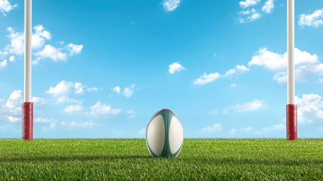 A rugby ball sits perfectly centered between goal posts on a lush green field under a vibrant blue sky with fluffy white clouds creating a stunning sports image.