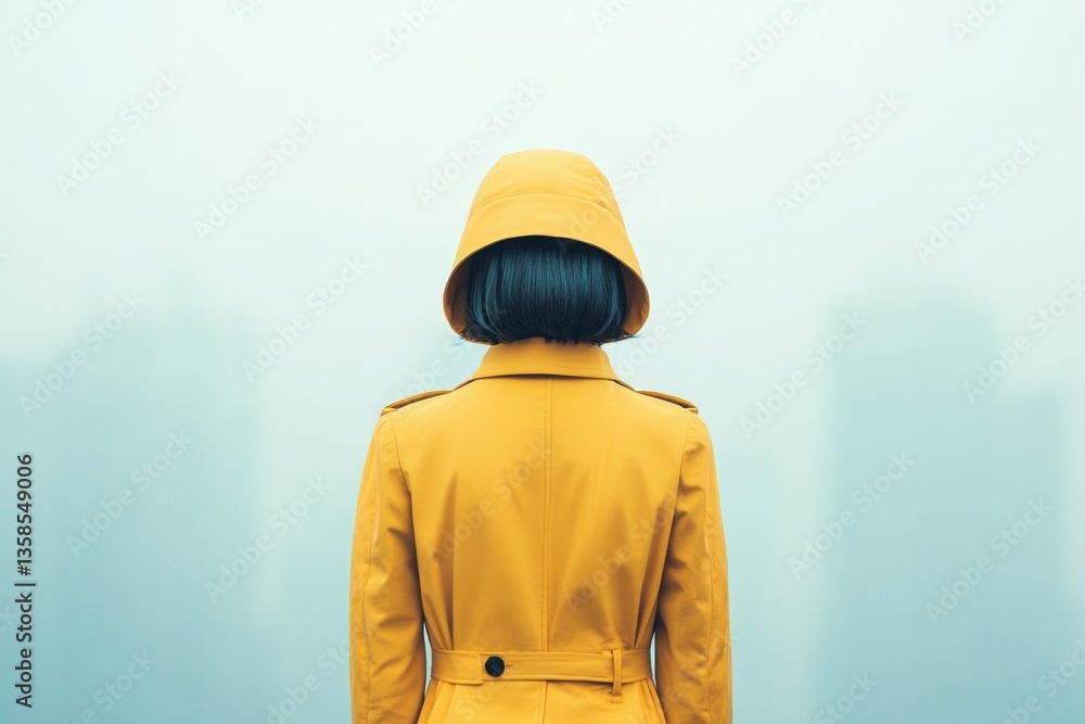Poster person dressed in dollcore style standing in foreground with minimalistic composition background blu
