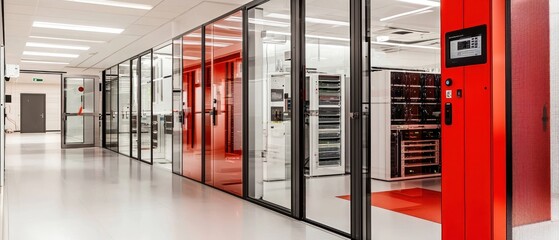 Modern Data Center Corridor with Red Accents and Glass Partitions