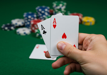 Close-up of a Hand Holding a Pair of Aces in a Poker Game on a Green Felt Table