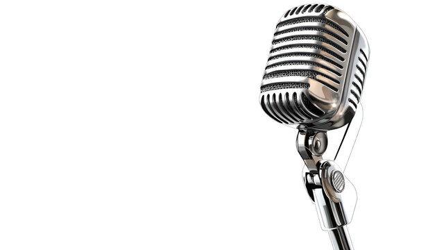 A shiny silver microphone with a vintage design on a transparent background