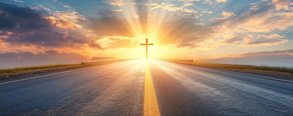Christian cross silhouette on empty road at sunrise. Symbol of faith and hope. Easter, Good Friday, Resurrection Sunday concept. Spiritual journey