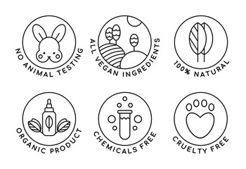 Eco cosmetics icon. Organic natural products alcohol, paraben and gluten free line icons for packaging. Stamps and badges vector set. Non toxic, no animal testing, for all skin types