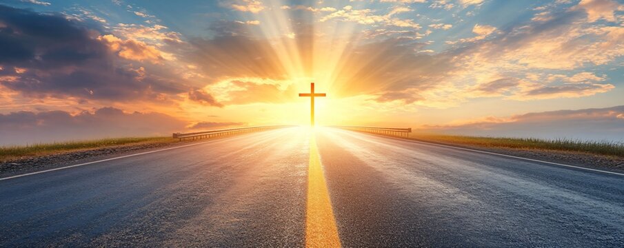 Christian cross silhouette on empty road at sunrise. Symbol of faith and hope. Easter, Good Friday, Resurrection Sunday concept. Spiritual journey