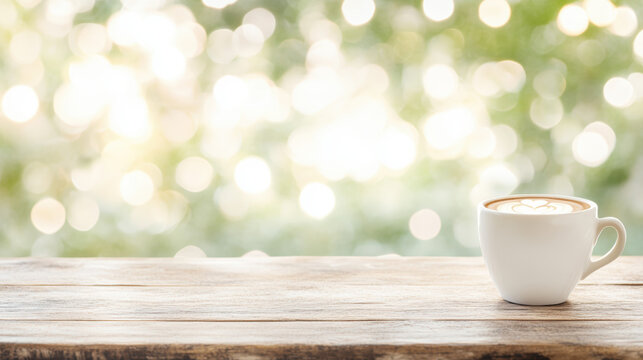 cup of coffee with latte art sits on wooden table against bokeh background