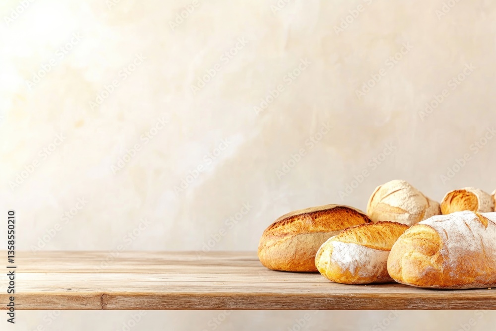 Poster rustic wooden table set in charming bakery filled with freshly baked loaves and assorted pastries cr