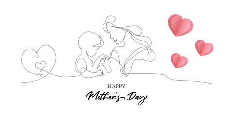 Mother's Day banner. Continuous one line drawing of mother holding child's hand on white background. Vector pink love symbol for mom greeting card design