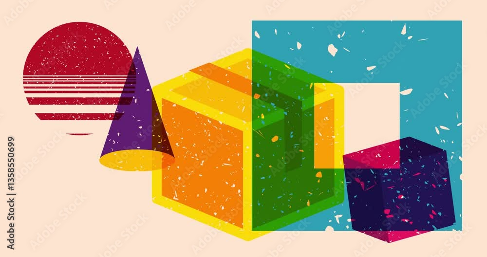Poster risograph cardboard box with geometric shapes animation. moving object in trendy riso graph design v