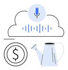 Cloud storage integrates voice recording alongside a dollar coin and watering can symbolizing financial growth. Ideal for technology, finance, innovation, investment, productivity, efficiency