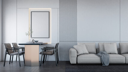 A modern, minimalist living space featuring a light color palette, sleek furniture, and elegant decor, designed for comfort and style. 3d rendering.