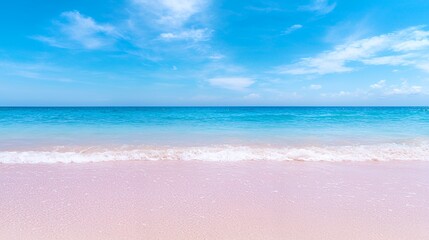Obraz premium Beach with Pink Sand and Turquoise Water Under a Bright Blue Sky Perfect Vacation