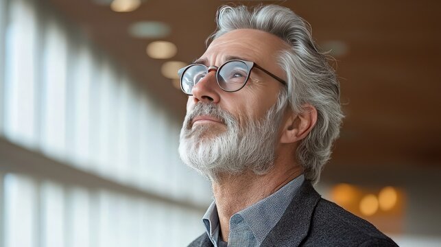 Contemplative Senior Man Gazing Upwards, Hopeful and Reflective - Powered by Adobe