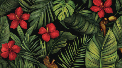 Fototapeta premium Tropical leaves and red flowers with parrots