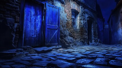 A narrow, cobblestone alleyway features a vibrant blue door at the end, framed by weathered stone walls adorned with creeping vines, creating a charming and inviting atmosphere.