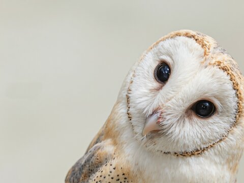 A close-up of a white and brown owl with bright eyes.